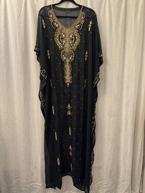 ONE SIZE Sheer Made in India Embellished Black & Gold Beaded Kaftan Maxi Dress